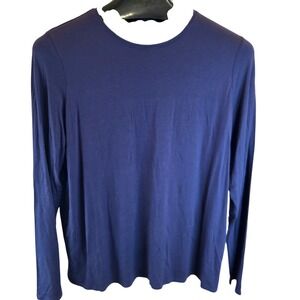 Eileen Fisher Navy Blue Long Sleeve‎ Ruffle Neck Top XL TG